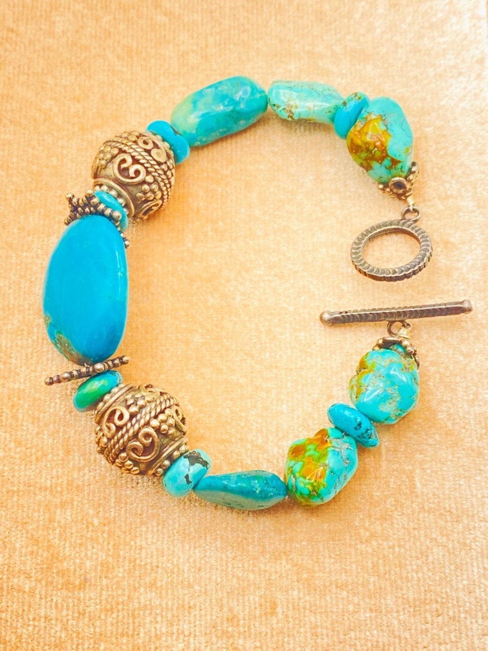 Genuine Turquoise 925 Sterling Silver Beads Toggle Chunky Statement Bracelet